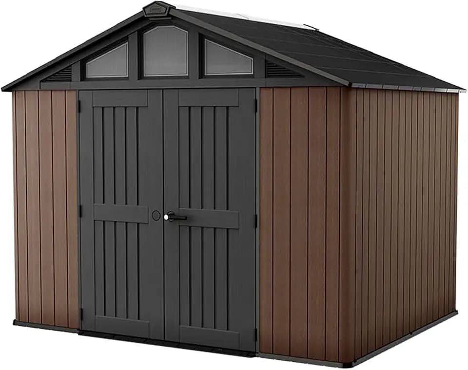 KETER Stronghold 10x8 Gartenhaus braun - Gerätehaus mit 7,1 m² Grundfläche, 6 Fenstern, Doppeltüren, stahlverstärkt, Holzoptik, inkl. Fußboden, 305 x 243 x 251 cm