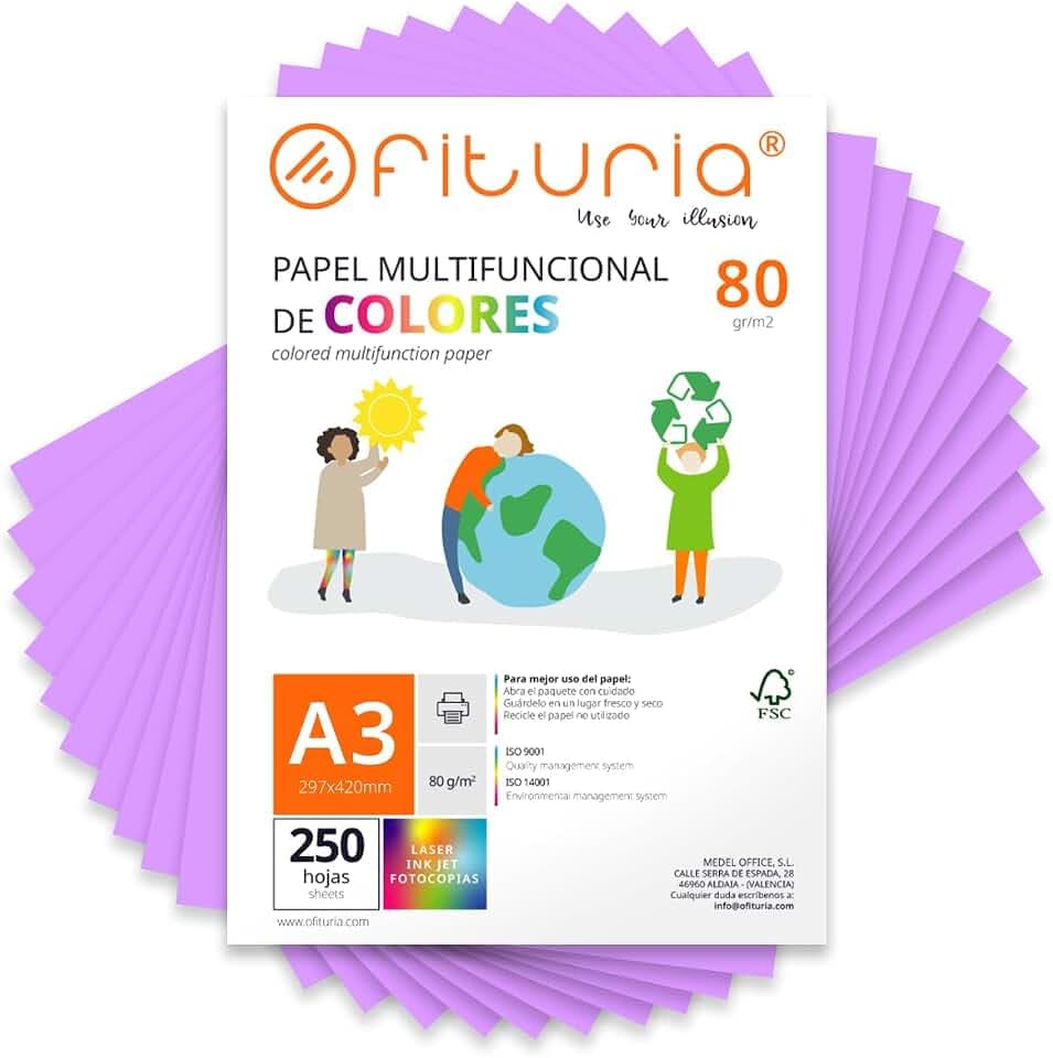 OFITURIA Buntes Papier, 250 Blatt A3 80g – Farbiges Papier für Basteln, Drucker, Scrapbooking – Farbbögen (Lila, 250 Blatt)