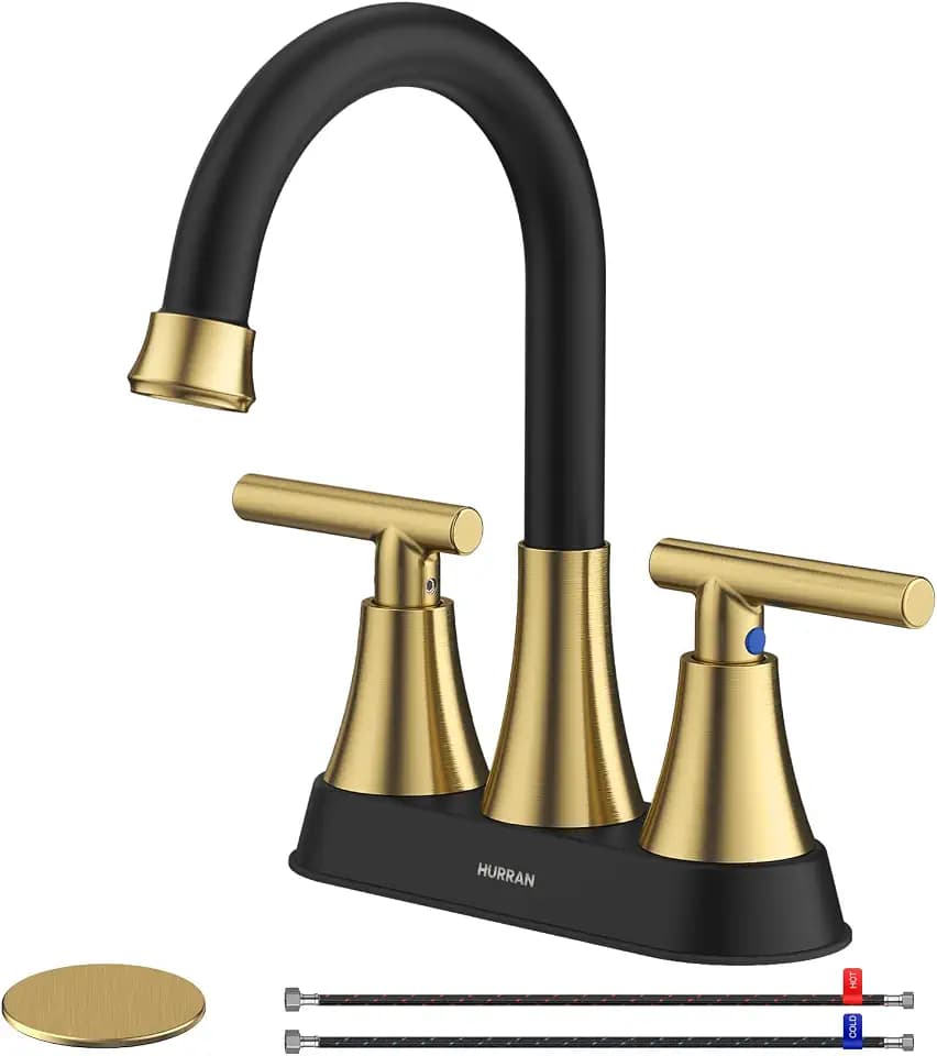 Bathroom Faucet, Hurran 4 inch Centerset 2-Handle Lead-Free, Black&Gold
