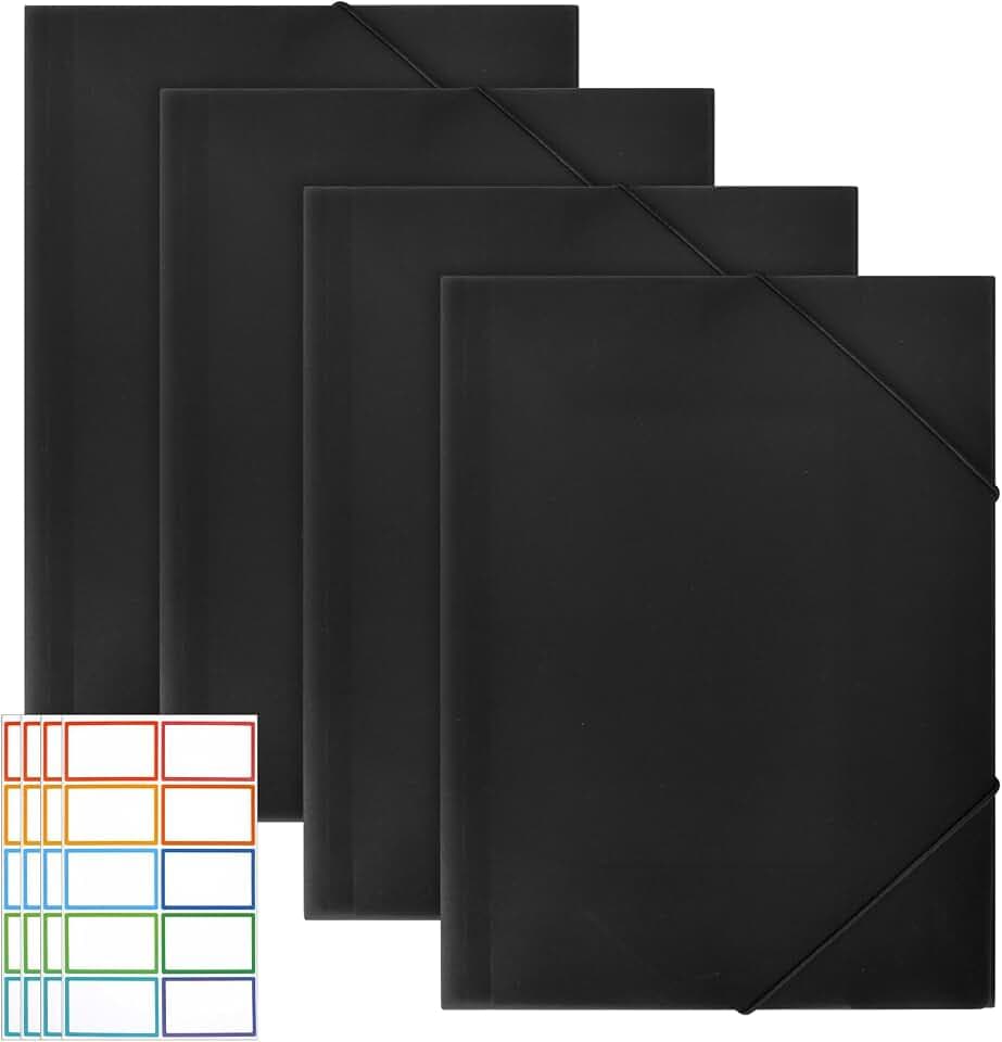 4 Stück Eckspannermappe,Mappe mit Gummizug Eckspanner A4 Postmappe A4 Schule Sammelmappe aus Kunststoff Dokumentenmappe Schule für Büro Zuhause Bürobedarf (Schwarz)