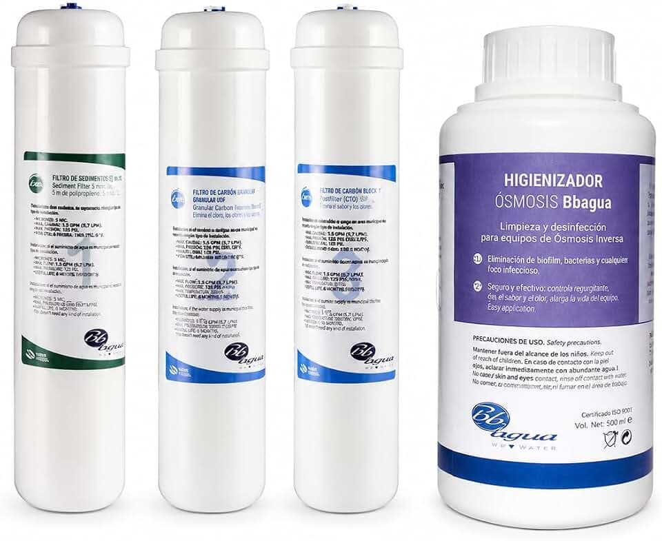 Kit mit 3 12-Zoll-Inline-Filtern für kompakte Umkehrosmosegeräte. Paket bestehend aus 1 Sedimentfilter, 1 Aktivkohlefilter und 1 Blockkohle. Umkehrosmose-Desinfektionsmittel. Bbagua.
