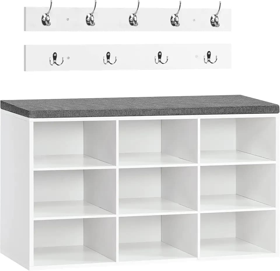 HOOBRO Garderobe Schuhregal Set, Schuhbank mit 9 F Cher, Schuhregal mit gepolsterter Sitzbank, Wandgarderobe mit 9 Haken, Schuhschrank f r Flur, Eingangsbereich, Schlafzimmer wei EWT89HX01