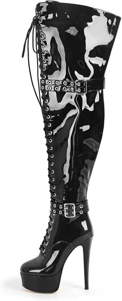 VERISSON Womens Platform High Heel Thigh High Boots Stiletto Heel Wide Calf Over the Knee Boots Round Toe Lace up Zipper with Buckle Patent Leather Dress Punk Shoes Black size 11