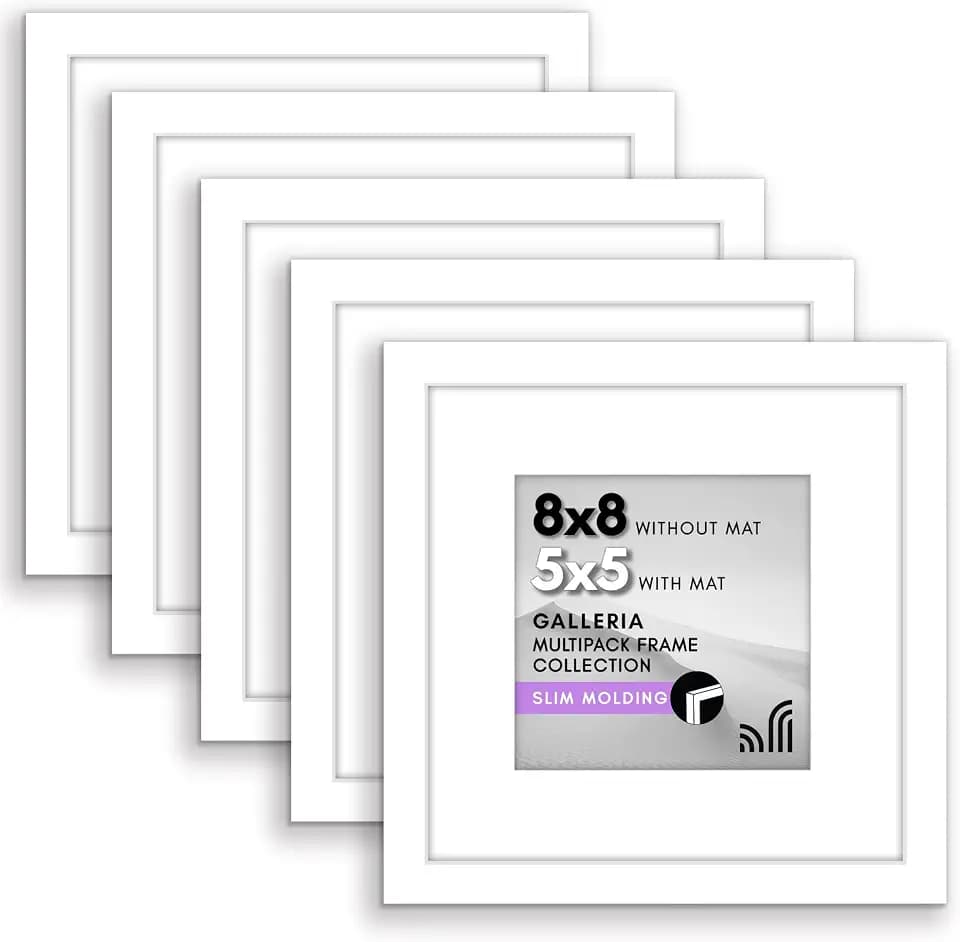 Americanflat 8x8 Picture Frame 5-Pack - Matted to 5x5 - White
