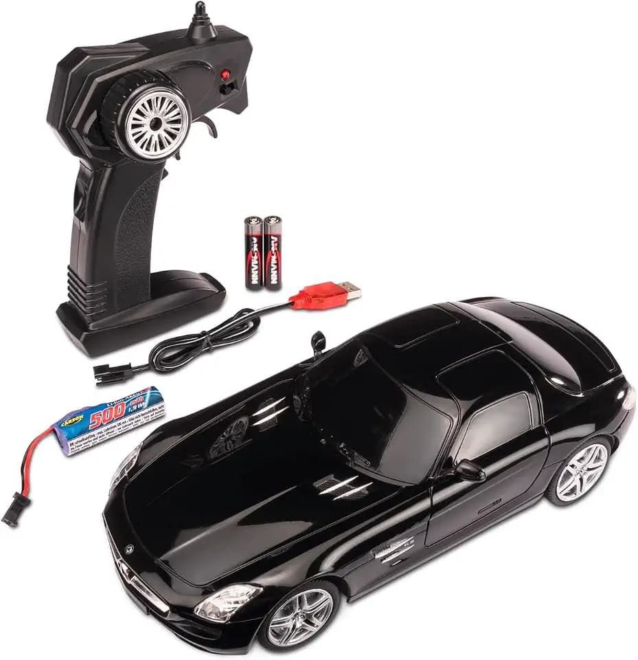 Carson 500404310 1:24 Mercedes Benz SLS AMG 2.4G 100% RTR schwarz - Ferngesteuertes Auto, LED-Beleuchtung, RC Auto, RC Fahrzeug, RC Auto 1:24, Ferngesteuertes Spielzeug