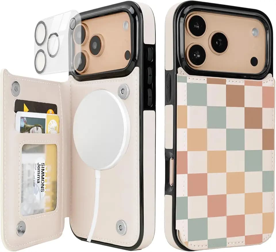 uCOLOR for iPhone 17 Pro Max Wallet Case with Card Holder Pastel Check