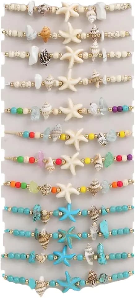 12pcs Sea Shell Turtle Braided Bracelets Handmade Woven Starfish Turquoise Turtle Waterproof Wristlets for Women Bohemian Turquoise Beaded Bracelet Summer Beach Jewelry