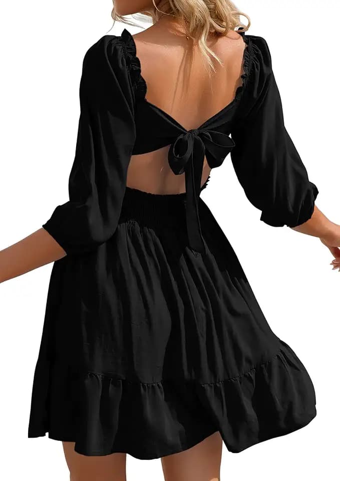 Phortric Women's Summer Dresses Square Neck Tie Back Casual A Line Dress