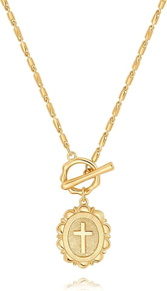SOFYBJA Saint Benedict Necklace Drop 18K Gold Toggle Medallion Coin Cross Pendant Necklaces Religious Jewelry Catholic Gift for Women