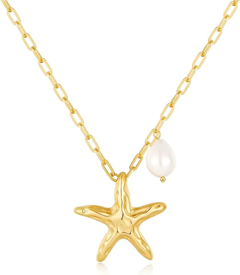 Gold Charm Necklaces for Women Boho Shell Fish Starfish Pearl Pendant Necklaces Summer Beach Ocean Statement Necklaces