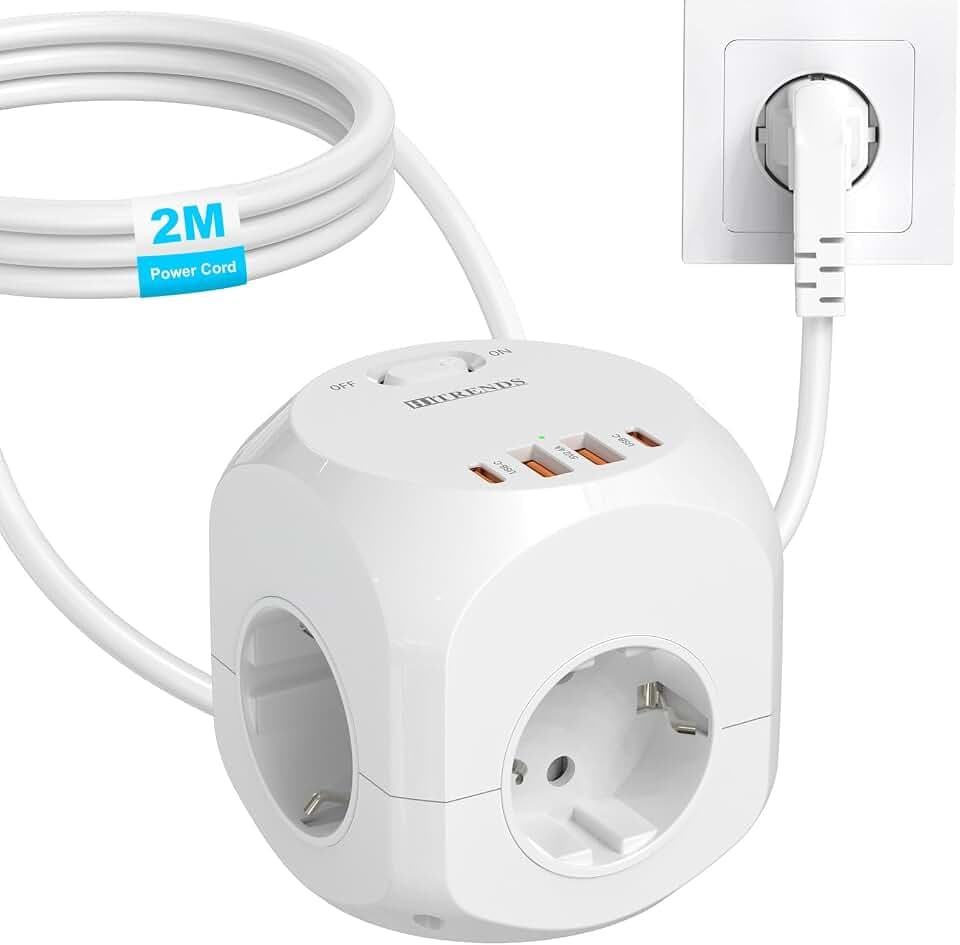 8-in-1 Mehrfachstecker Verteilersteckdose, HITRENDS 4 Fach Steckdosenleiste Würfel, Mehrfachsteckdose mit 4 USB, 2500W Steckdosenturm Cube, PD20W Steckdosenwürfel für Büro Hause, 2m Kabel, weiß