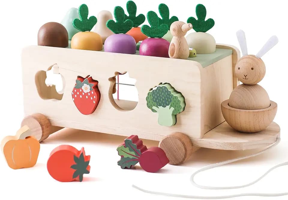 WOODEN TEETHER Montessori Holzspielzeug ab 1 2 3 Jahr, Steckspiel Sortierspiel Holzpuzzle Karottenernte Farm Spielzeug | Lernspielzeug Geschenke für Jungen Mädchen