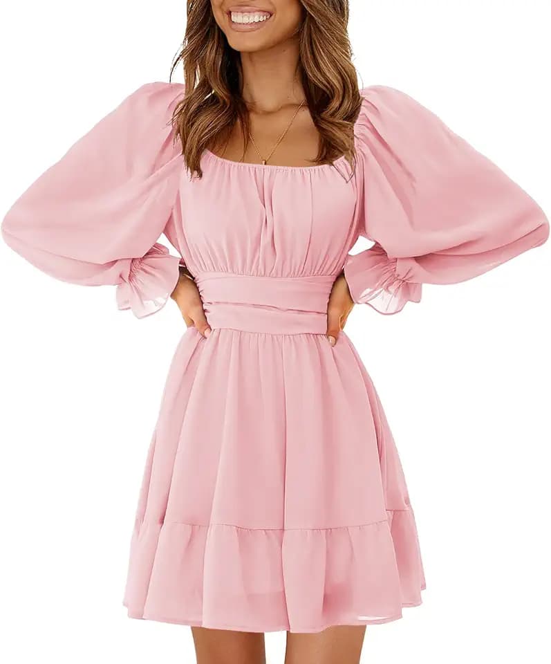 EXLURA Women's 2026 Casual Long Lantern Sleeve Dresses Square Neck Ruffle Tie Back Elastic Waist Aline Short Mini Dress