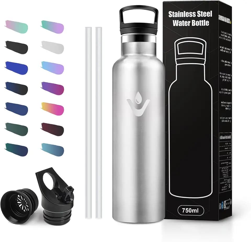 Sportflasche 750ml mit Strohhalm, Trinkflasche Edelstahl Auslaufsicher, BPA-frei, Kohlensäuregeeignet, Doppelwandig VakuumIsoliert, Thermosflasche für Sprudel, Fahrrad, Reisen, Yoga und Laufen
