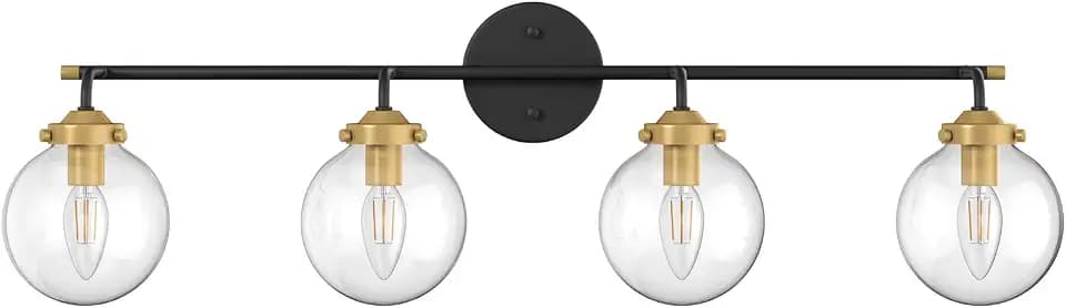 Ralbay Rustic Industrial Wall Light Fixture 4-Light Clear Glass Vintage Bathroom Vanity Lights Over Mirror, Black/Golden Modern Vanity Light for Bathroom (Exclude Bulb)