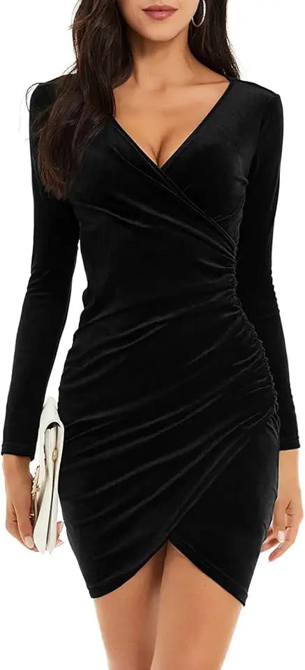 Niwicee Kleid Damen Silvester Weihnachten Sexy Cocktailkleid Winterkleid Abendkleid Langarm Elegant V Samt Bodycon Lang Winter Samt Partykleid Halloween Kleid