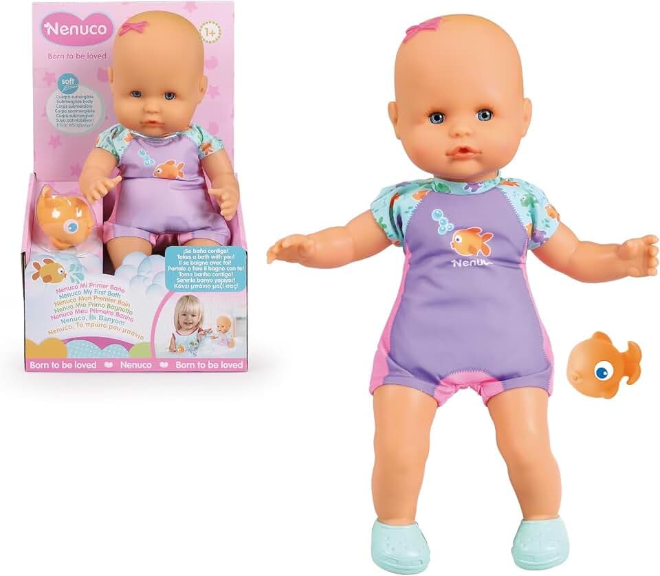 Nenuco Mein erstes Bad, eine weiche Puppe mit wasserdichtem Körper, kann in die Badewanne, im Pool und im Meer getragen Werden. Inklusive Badeanzug und einem kleinen Fisch, der ins Wasser gelegt