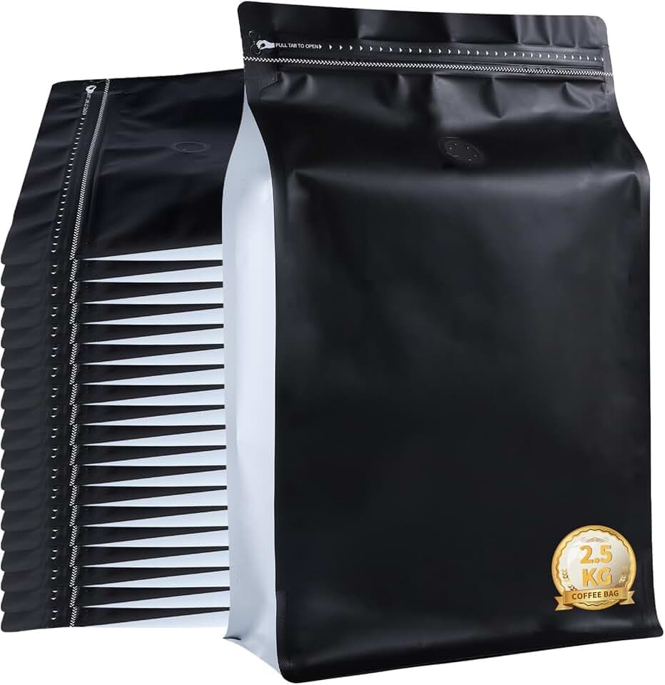 New 2.5 KG Large Capacity Coffee Bags with Valve (50 PCS) Black Sides White High Barrier Aluminum Foil Flat Bottom Standing Coffee Beans Storage Packaging Bags, Reusable Heat Seal Side Zipper Pouches
