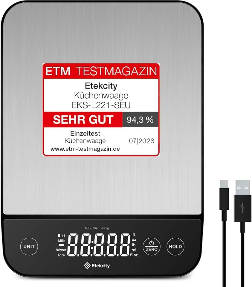 Etekcity 10kg Küchenwaage Digital - Edelstahl Waage Küche mit USB-Aufladung