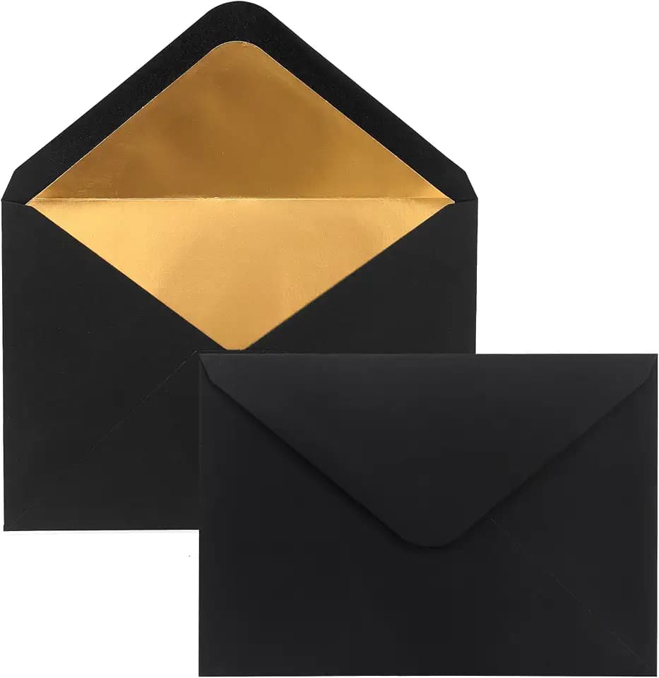 Briefumschläge C6 mit Gold Innenfutter - 162 x 114 mm - Schwarz - gefüttert mit Goldfolienpapier- Nassklebung - 50 Stück