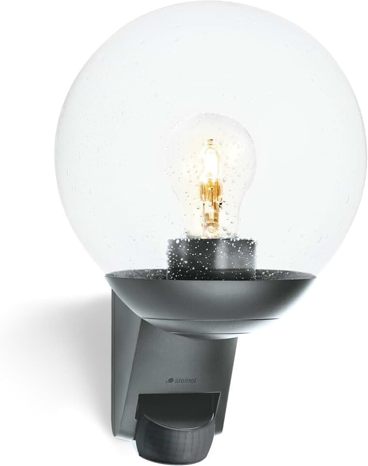 Steinel Außenwandleuchte L 595 S Anthrazit mit Bewegungsmelder – Wandleuchte mit Glaskugel für Außen, 180° PIR-Sensor bis 10 m, Dämmerungsschalter, IP44 wetterfest, E27-Fassung, für Haus und Terrasse