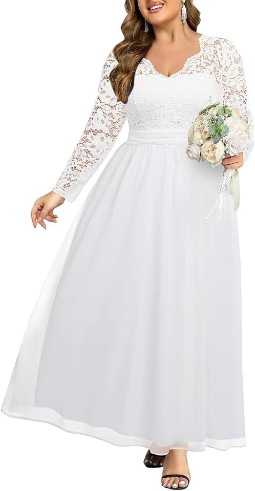 Plus Size Formal Dress V-Neck Lace Chiffon Maxi Wedding Guest Gown