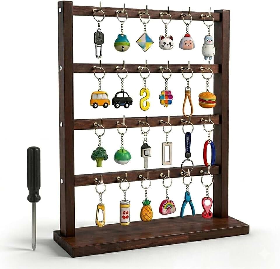 Keychain Display Stand for Vendors – Pine Retail Display Rack with 24 Hooks,Keychain Holder for Craft Shows,Jewelry Displays,Retail Stores & Home Organization