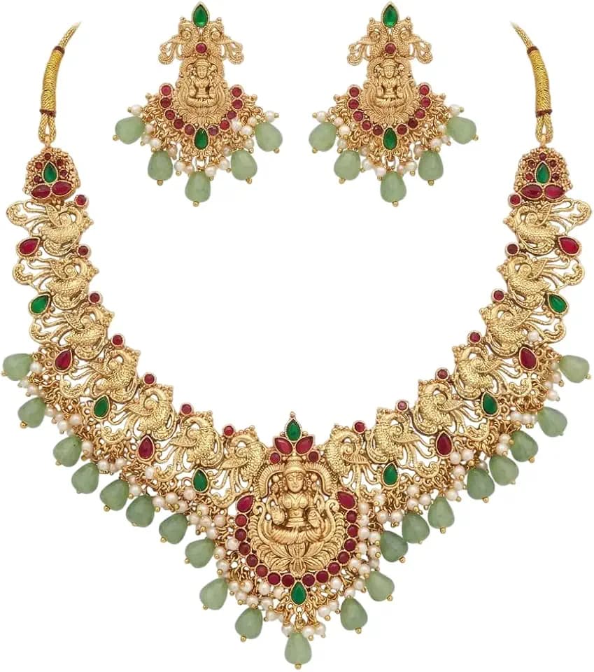 Antique Gold Plated Temple Jewellery Necklace Set with Earrings for Women, Traditional Indian Bridal Necklace Set, South Indian Choker Haram Style Jewellery Set, Ethnic Wedding Party Wear Necklace Set for Women