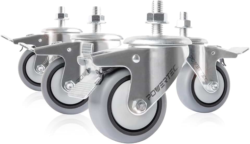 POWERTEC 3 Inch Threaded Stem Caster Wheels Set of 4 with Brake & 600 lbs Loads, Heavy Duty Stem Casters, Dual Locking TPR Rubber Castor Wheels for Furniture, Cart, Dolly & Workbench (17201)