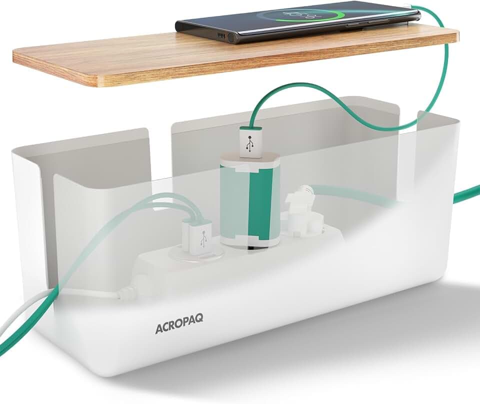 ACROPAQ Kabelbox - Kabelmanagement Box für Kabel verstecken, Steckdosen verstecken, mit Bambusdeckel, (30 x 12 x 11 cm), rutschfest, Kabelbox Weiß - Kabel Organizer Box, Steckdosenbox, Kabelkiste