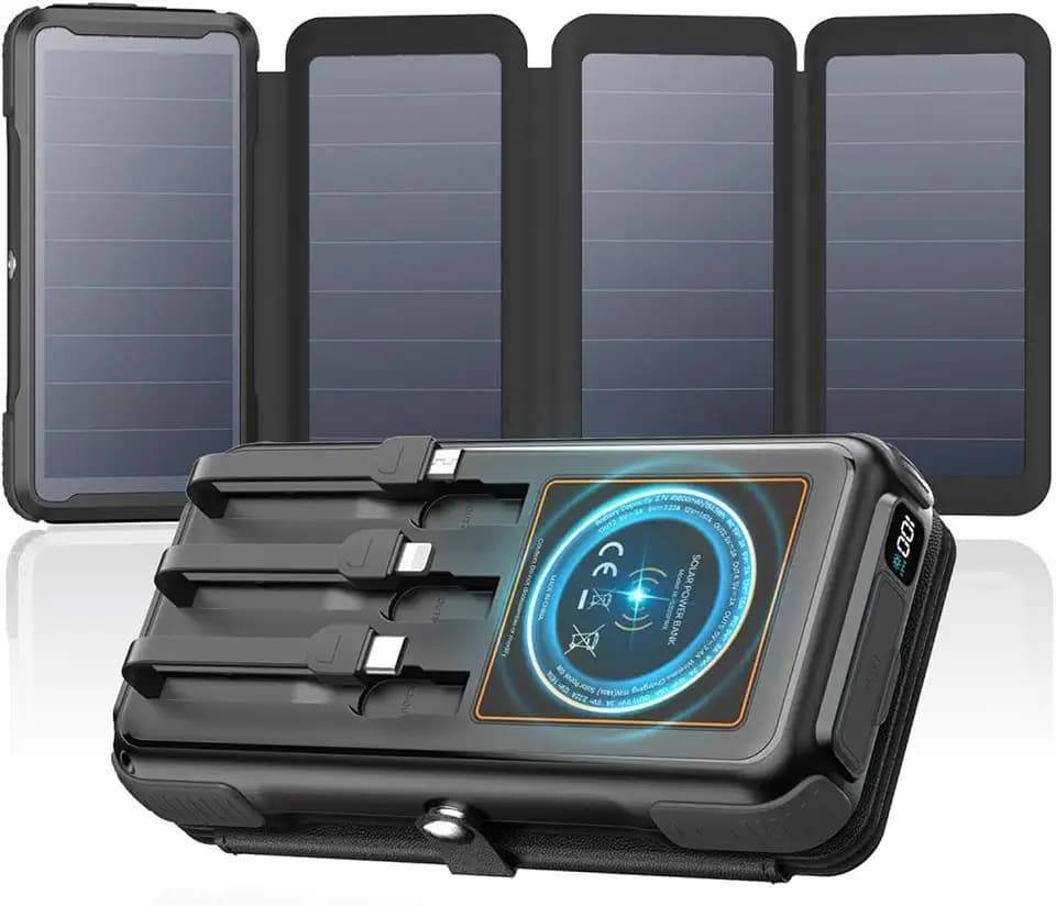 A ADDTOP Solar Power Bank, 16000mAh Wireless PowerBank mit 3 Kabelns