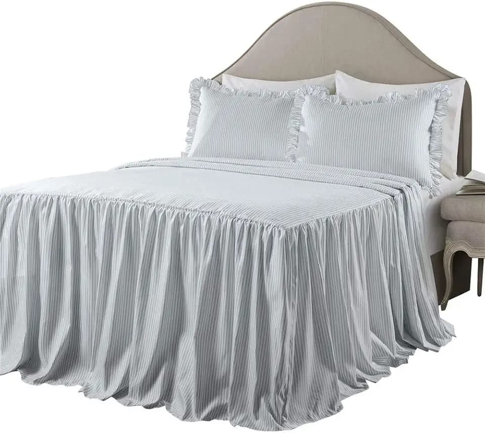 Lush Decor Ticking Stripe Bedspread King Size 3 Piece Set Lake Blue - Ruffle Bedding Set King Bedspreads - Striped Bedding - Farmhouse & Coquette Decor