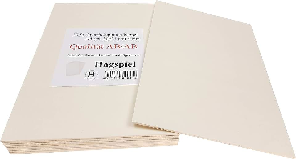 Laubsägeholz, 10 Stk. Sperrholz, Sperrholzplatten, Pappel 4 mm DIN A4 Qualität AB/AB, Laubsägeholz, Bastelholz (ca. 30 cm x 21 cm), Made in EU