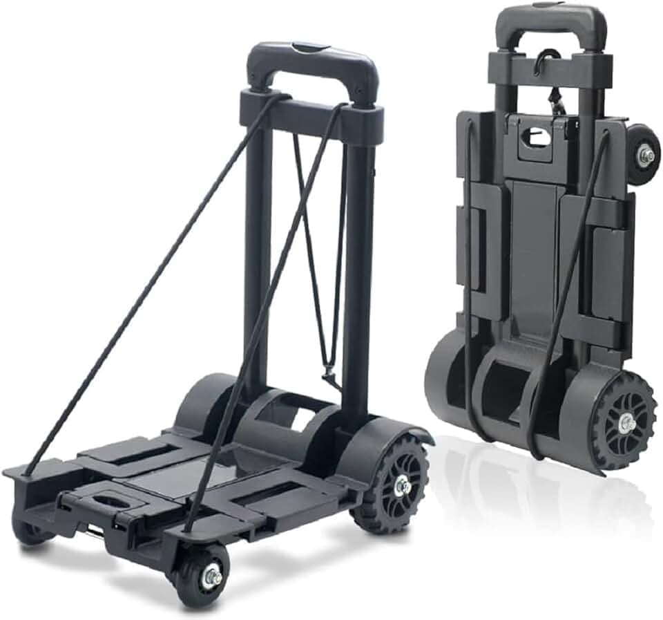 Faltbarer Sackkarre, 65 kg, robuste 4 Räder, tragbare Sackkarre, Leichter Reisewagen mit Bindegürtel für Einkaufen, Camping, Angeln, Transport von Reiseartikeln, Schwarz