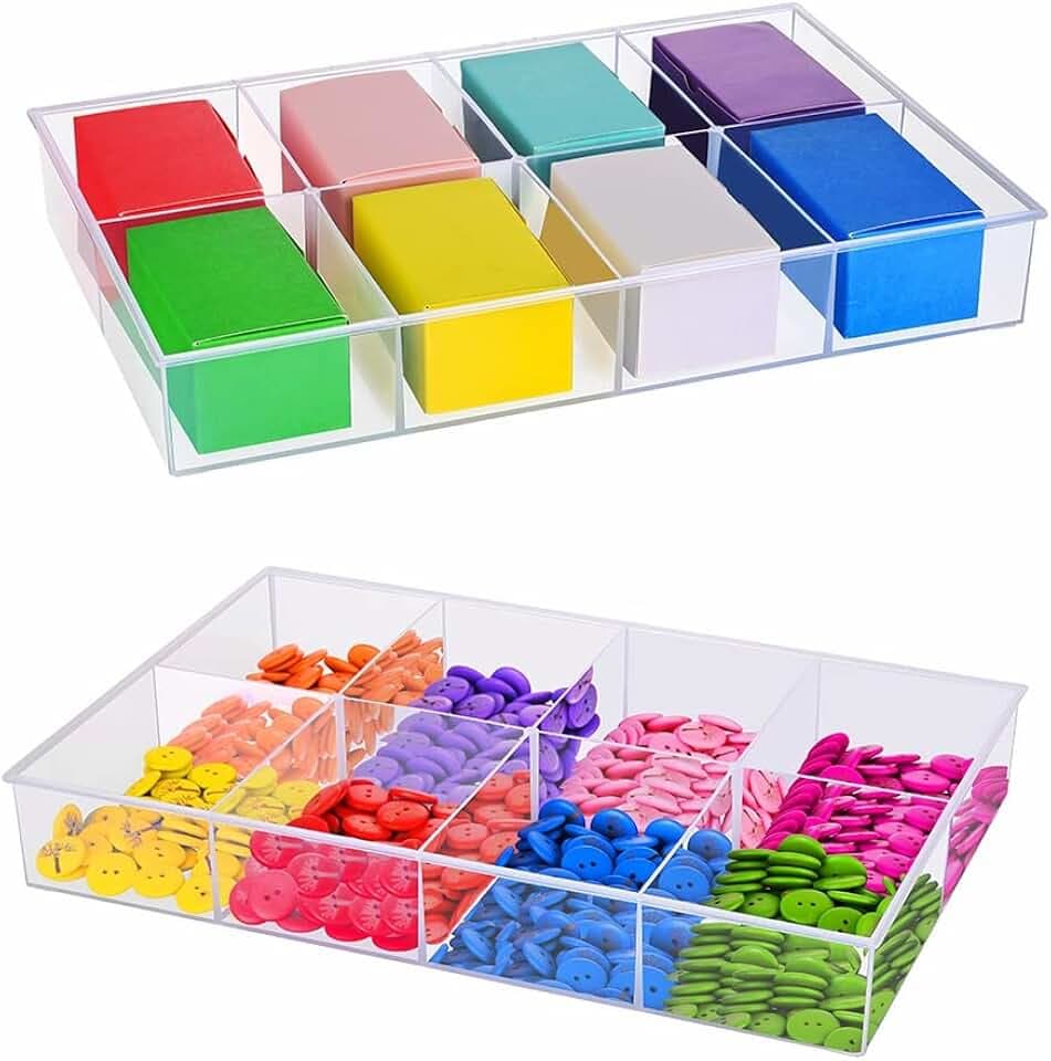 2 Pack Fixed 8 Grids Clear Plastic Organizer Sorting Tray and Transparent Storage Divider Box Container Case for Hardware, Craft, Sewing Kit, Office Supplies, Small Parts