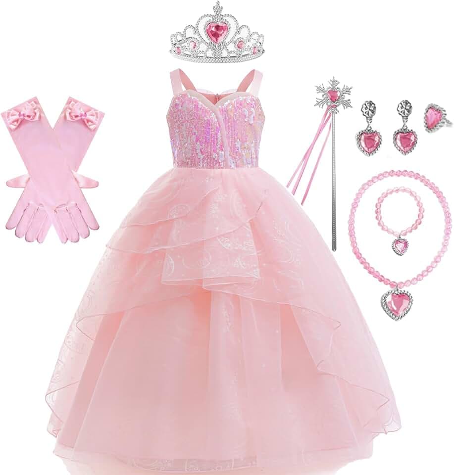 Glinda Witch Costume for Girls,Pink Sequin Princess Dress with Accessories