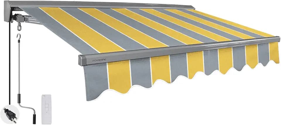 ADVANING Classic Series 10'X8' Electric Retractable Awning, 100% Acrylic UV+ Sun Shade Canopy, Golden Yellow & Gray Stripes, EA1008-A225H