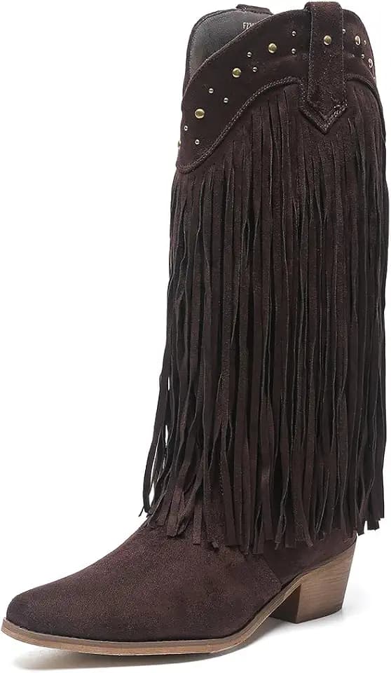 Amoji Women Western Cowboy Boots Pointed Toe Cowgirl Knee High Boots Pull On With Zipper 307