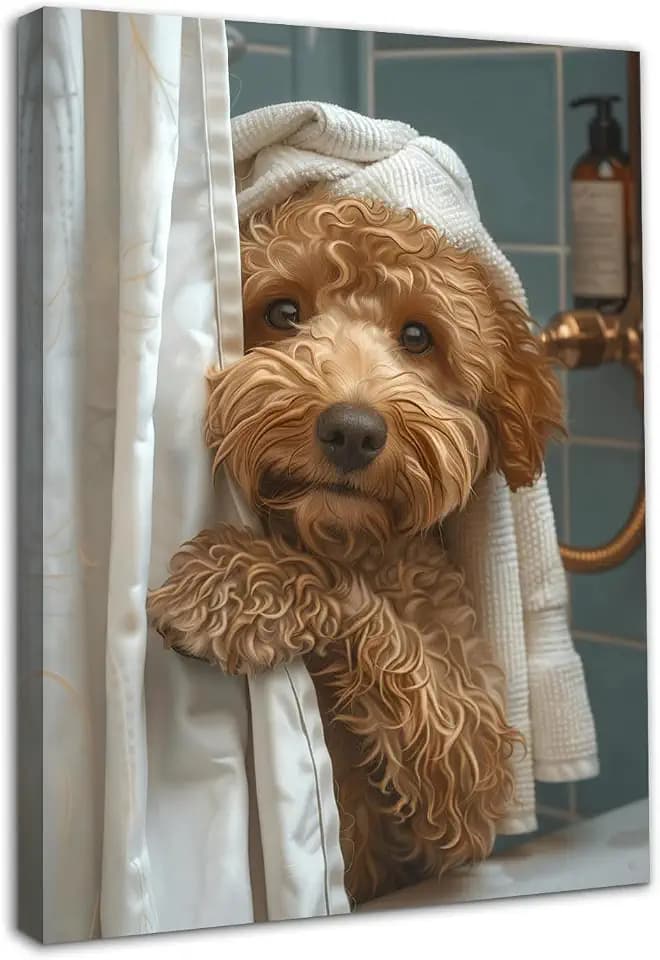 Dazzlewall Gerahmt Lustige Tier Badezimmer Leinwand Wandkunst Niedliche Hund Dusche Poster Wanddekoration Kunstwerk für Wc Badezimmer 12x16 zoll