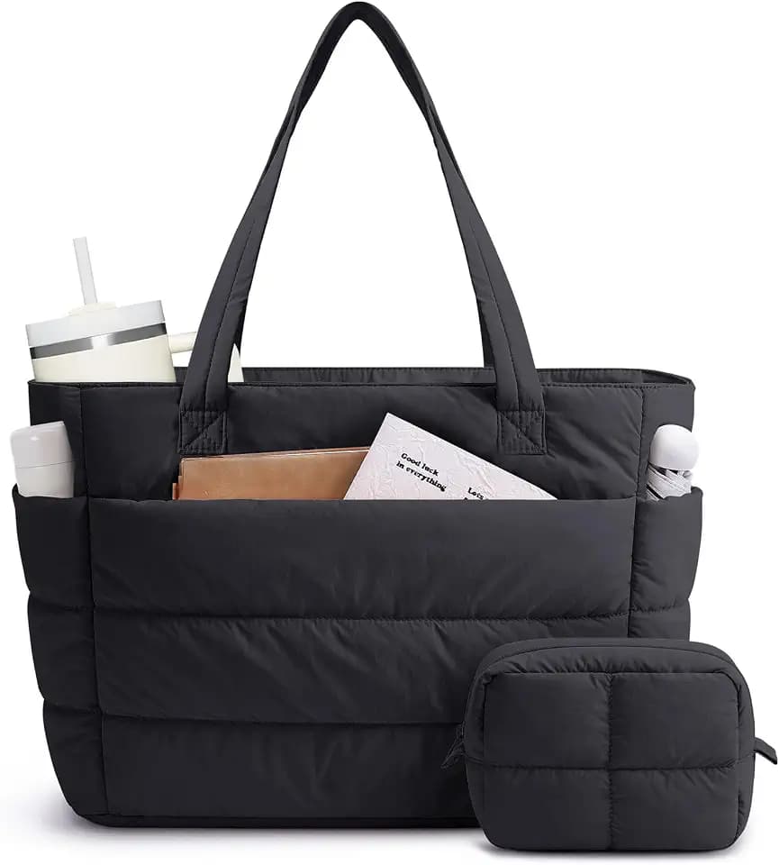 Narwey Nylon Puffer Tote Bag for Women, Quilted Work Nurse Teacher Tote Bag