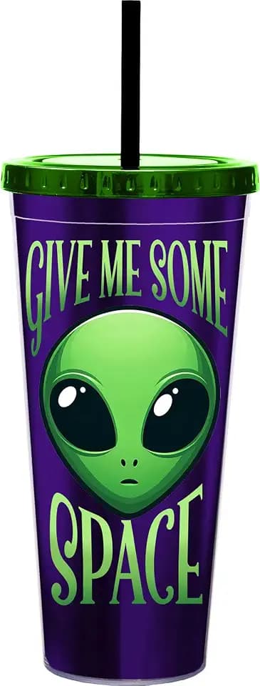 Spoontiques Alien Foil Cup - 20oz Acrylic Foil Cup with Straw - Metallic Locking Lid - Double Wall Insulated and BPA Free