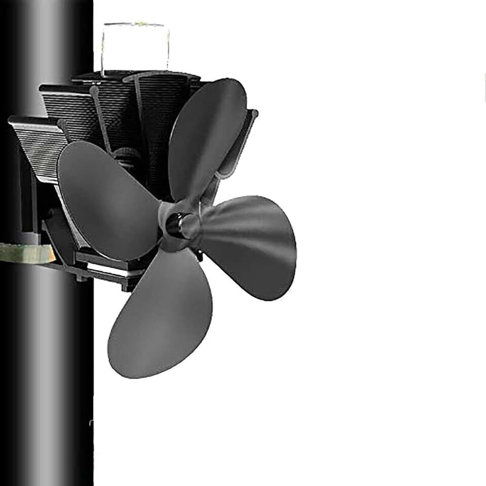 4 Klingen Rauchrohr Ofenventilator Heizgerät fest am Kaminrohr aus Holz / Holzofen / Kamin mit gratis Thermometer schwarz