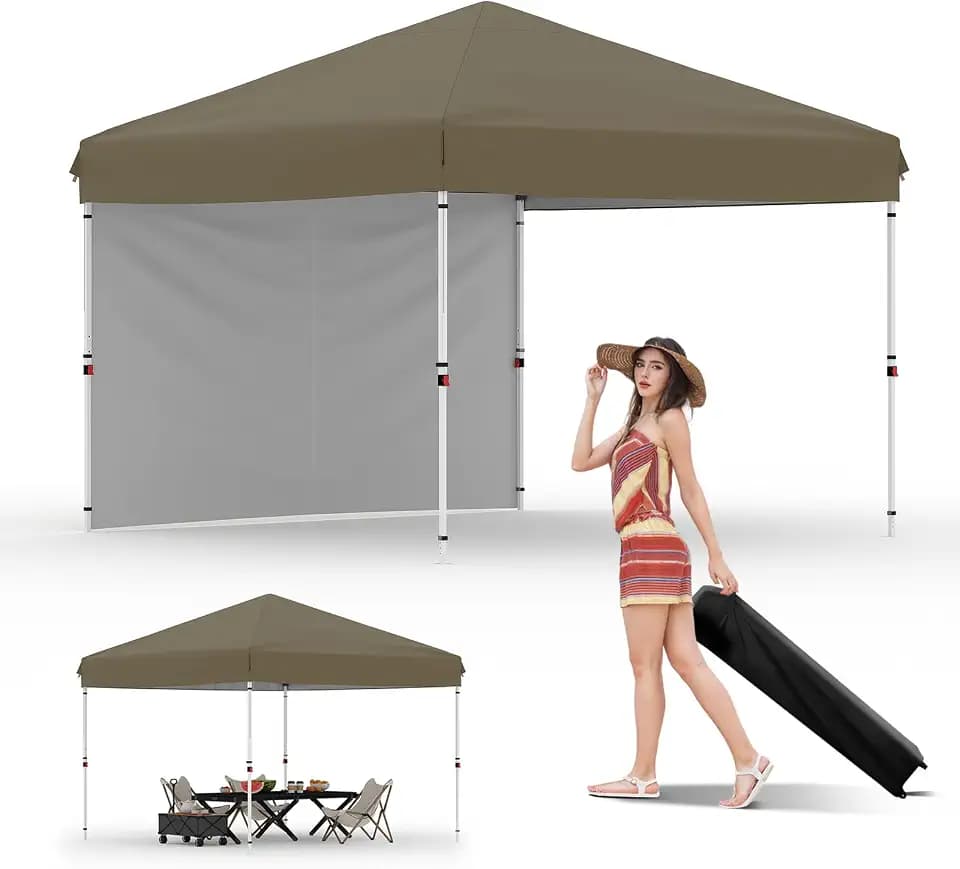GarveeLife 10x10 Pop Up Canopy with One Sidewalls, Brown