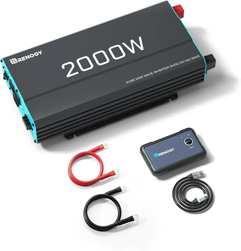 Renogy Inverter P2 2000W Pure Sine Wave Inverter 12V DC to 110V AC Converter, Off-Grid Solar Power Inverters for Vehicles, Truck, RV, Home, with Built-in 5V/2.1A USB/Hardwire Port, Remote Controller
