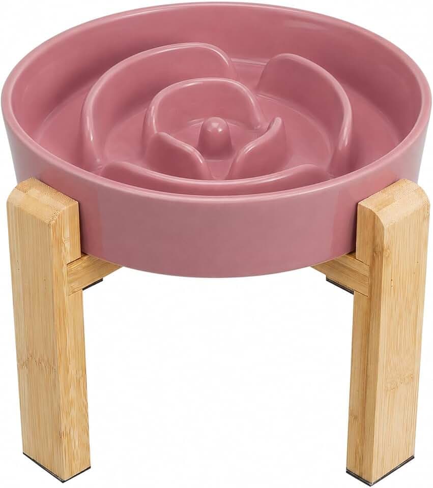 Antischlingnapf Hunde Keramik Hundenapf Erhöht - Anti Schling Napf Hund mit rutschfestem Bambusständer - Futternapf für mittelgroße und große Hunde - Fressnapf Hund Langsam Essen - Rosa - 22,5 cm