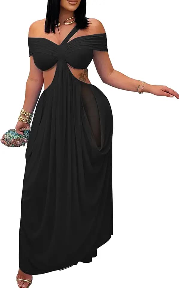 Women's Off Shoulder Maxi Dress Sexy Sheer Mesh Cut Out Long Dresses Wedding Cocktail Party Clubwear