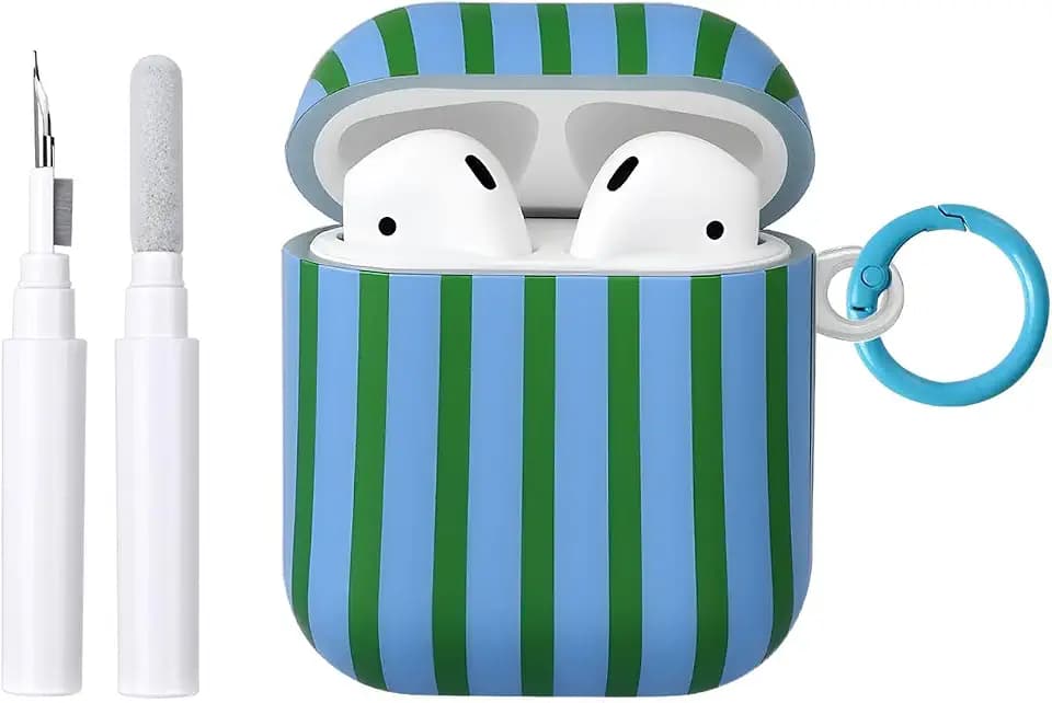 Compatible for AirPods 2/1 Case Soft TPU with Cleaner Kit Cute Striped Aesthetic Design Shockproof Keychain Cover for Girls Woman-Green