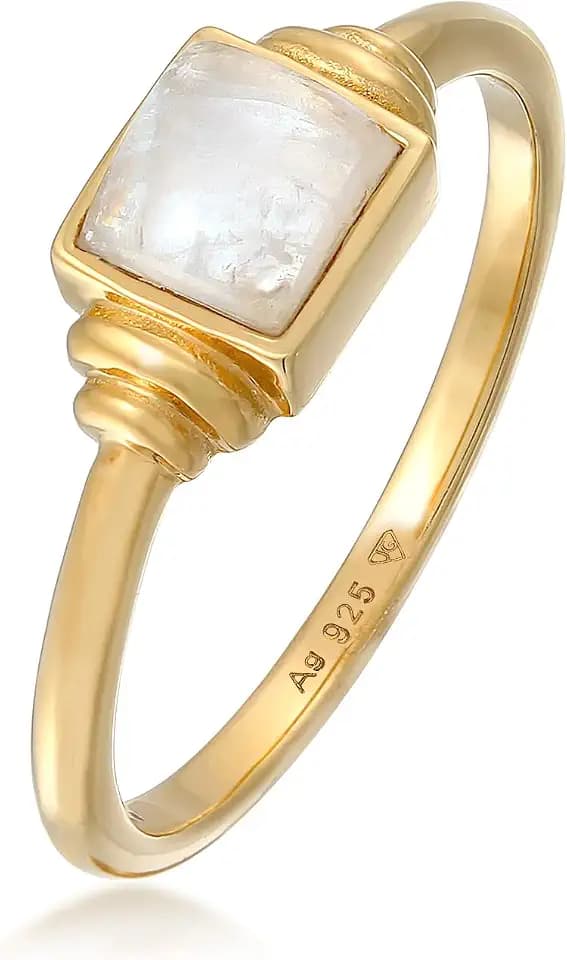 Elli Ring Damen Quadrat Vintage mit Mondstein 925 Sterling Silber Vergoldet