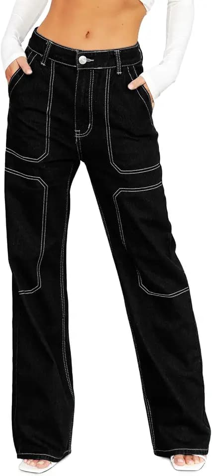 Dokotoo Women's Casual Mid Waist Cargo Jeans Stretch Button Wide Leg Denim Pants with Pockets