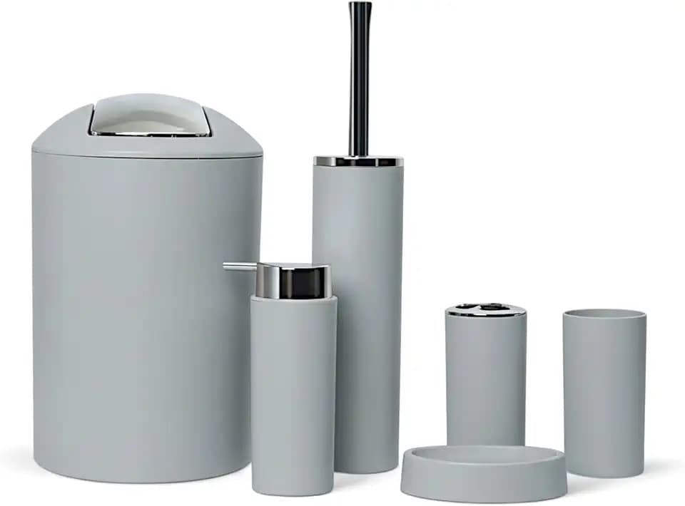 6tlg Badset Badezimmer Zubehör Set Organizer: Seifenspender, Zahnputzbecher, Kosmetikeimer, WC Bürste und Halter, Seifenschale, Mülleimer, Zahnbürstenhalter, Badgarnitur (Grau Design 2a)